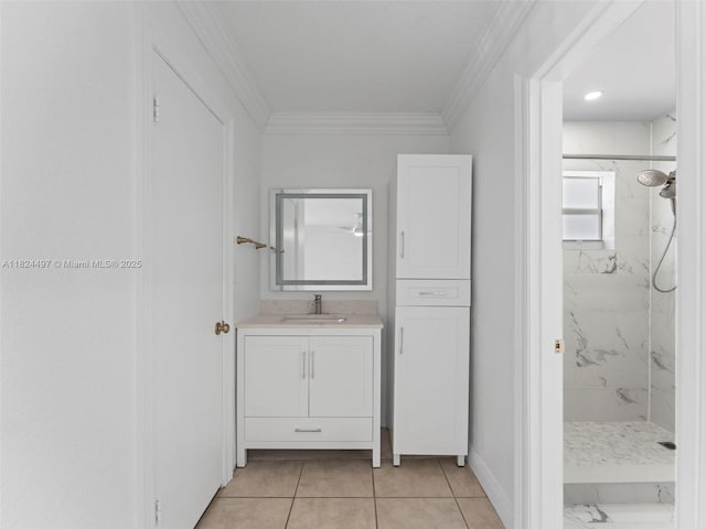 1851 SW 126th Ct, Miami, FL 33175 - full bathroom featuring a marble finish shower, vanity, ornamental molding, and tile patterned floors