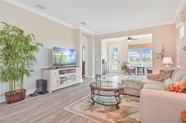 42250 Ramble Rd, Punta Gorda, FL 33982 - living room featuring light wood-style floors, crown molding, and ceiling fan