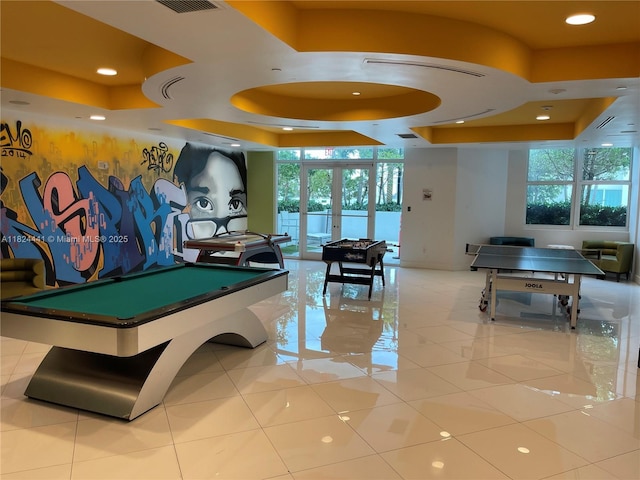 3301 NE 183rd St Unit 2203, Aventura, FL 33160 - rec room with a tray ceiling, pool table, recessed lighting, expansive windows, and tile patterned flooring