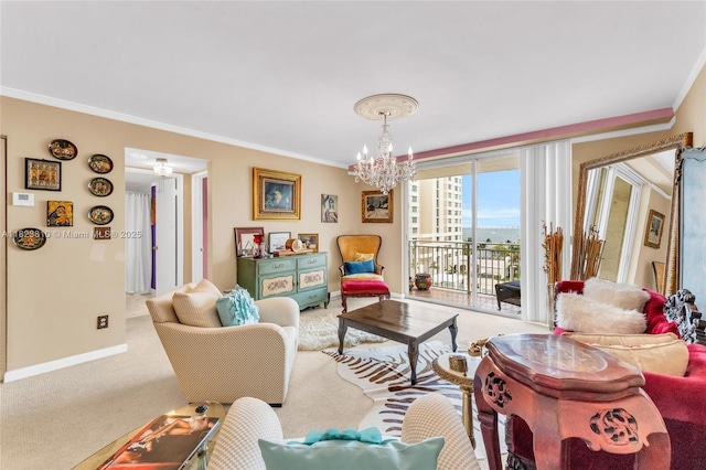 770 Claughton Island Dr Unit 806, Miami, FL 33131 - carpeted living room with ornamental molding and a chandelier