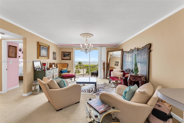 770 Claughton Island Dr Unit 806, Miami, FL 33131 - living area with a chandelier, crown molding, and light colored carpet