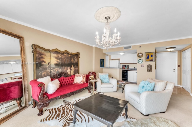 770 Claughton Island Dr Unit 806, Miami, FL 33131 - carpeted living area featuring a chandelier, crown molding, and beverage cooler