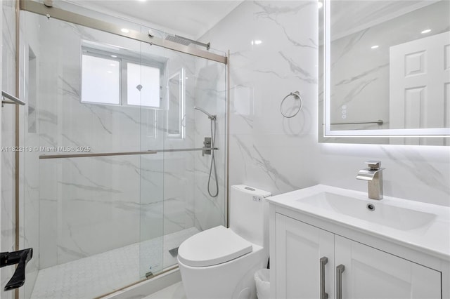 2309 SW 62nd Ct, Miami, FL 33155 - bathroom with vanity, a marble finish shower, and recessed lighting