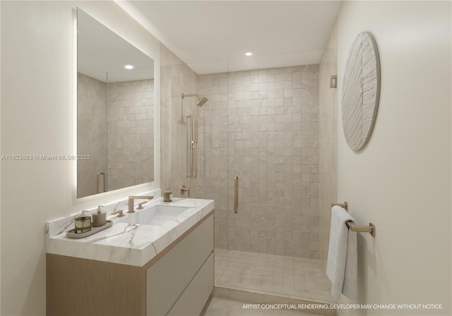 7200 Collins Ave Unit 1113, Miami Beach, FL 33141 - full bathroom with a stall shower, vanity, and recessed lighting