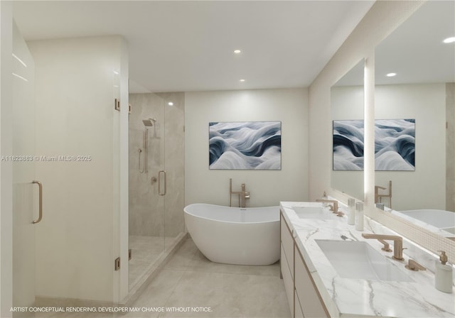 7200 Collins Ave Unit 1113, Miami Beach, FL 33141 - bathroom with a stall shower, double vanity, a freestanding bath, recessed lighting, and tile patterned floors