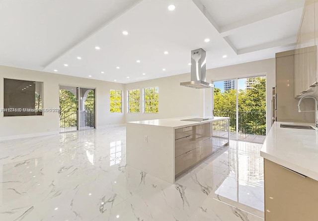 3900 Island Blvd Unit B408, Aventura, FL 33160 - kitchen with modern cabinets, island range hood, plenty of natural light, electric stovetop, and recessed lighting