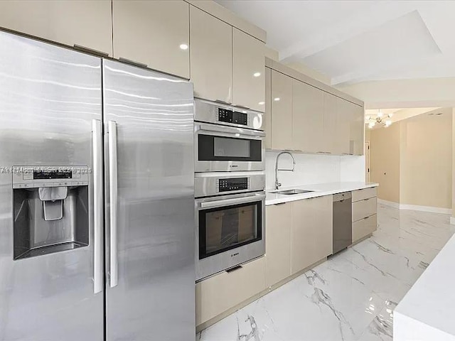 3900 Island Blvd Unit B408, Aventura, FL 33160 - kitchen with stainless steel appliances, modern cabinets, light marble finish floors, and light countertops