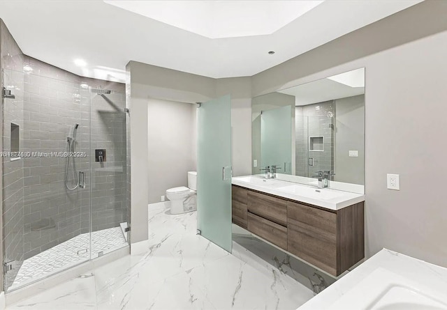 3900 Island Blvd Unit B408, Aventura, FL 33160 - bathroom with double vanity, a stall shower, recessed lighting, and marble finish floors