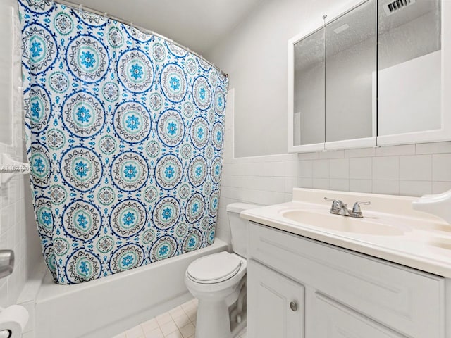 15314 SW 102nd Ct, Miami, FL 33157 - bathroom with tile walls, vanity, shower / tub combo with curtain, tile patterned flooring, and wainscoting