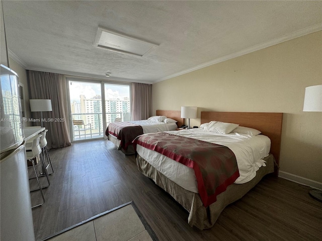 19201 Collins Ave Unit 1137, Sunny Isles Beach, FL 33160 - bedroom with attic access, access to outside, ornamental molding, wood finished floors, and a textured ceiling
