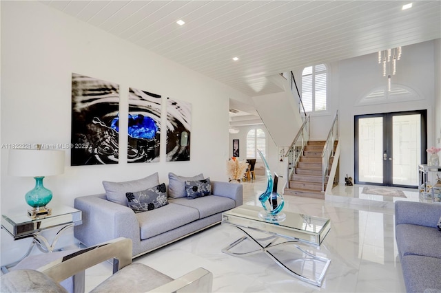 8965 NW 174th Ln, Hialeah, FL 33018 - living room featuring stairway, french doors, wood ceiling, recessed lighting, and marble finish flooring