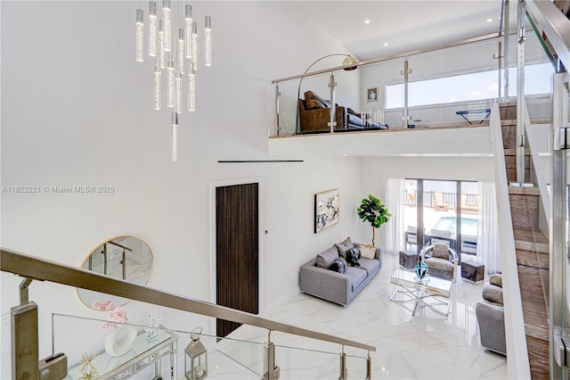8965 NW 174th Ln, Hialeah, FL 33018 - stairs featuring marble tiled flooring and a high ceiling
