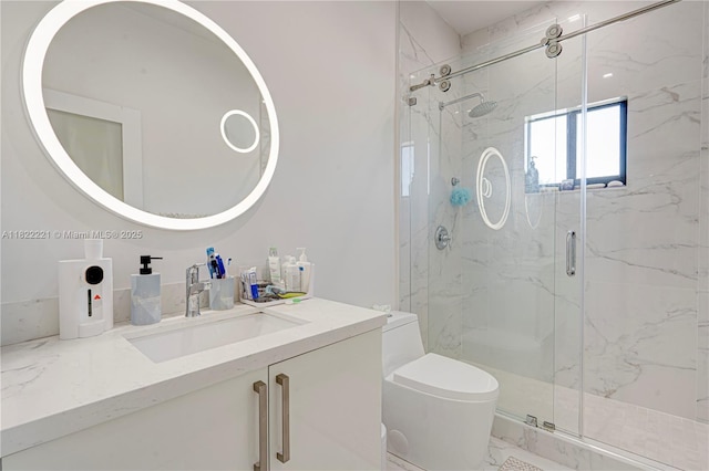 8965 NW 174th Ln, Hialeah, FL 33018 - bathroom with a marble finish shower, marble finish floors, and vanity