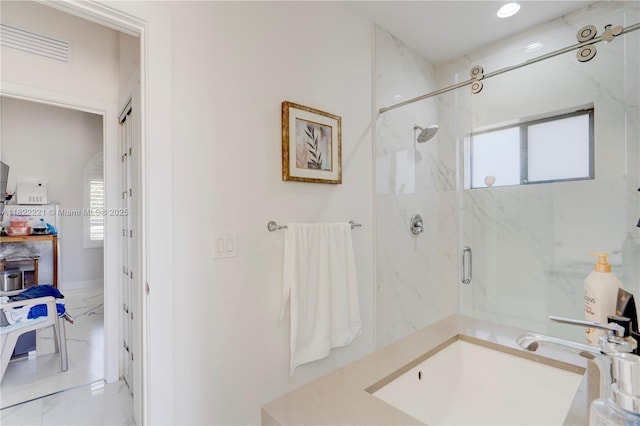 8965 NW 174th Ln, Hialeah, FL 33018 - bathroom featuring a marble finish shower, marble finish floors, healthy amount of natural light, and recessed lighting