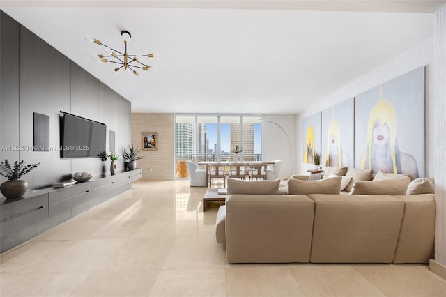 901 Brickell Key Blvd Unit 2506, Miami, FL 33131 - living room with a chandelier, floor to ceiling windows, and light tile patterned flooring