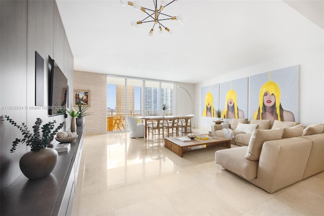 901 Brickell Key Blvd Unit 2506, Miami, FL 33131 - living room featuring a chandelier, light tile patterned flooring, and expansive windows