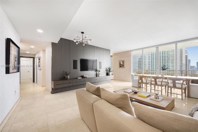 901 Brickell Key Blvd Unit 2506, Miami, FL 33131 - living room featuring healthy amount of natural light, a chandelier, and light tile patterned flooring