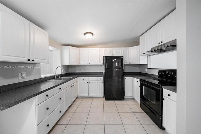 3818 Everglades Rd, Palm Beach Gardens, FL 33410 - kitchen featuring black appliances, under cabinet range hood, light tile patterned floors, dark countertops, and white cabinetry