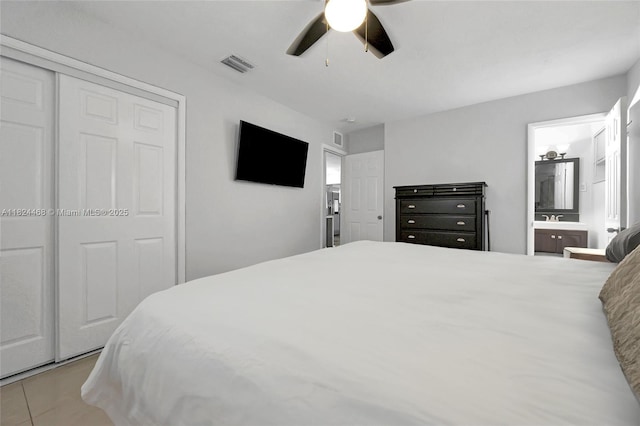 5576 SW 7th St, Margate, FL 33068 - bedroom featuring ceiling fan, tile patterned flooring, connected bathroom, and a closet