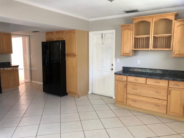 156 SW 126th Ave, Plantation, FL 33325 - kitchen featuring black refrigerator with ice dispenser, light tile patterned floors, ornamental molding, and light brown cabinets