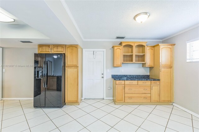 156 SW 126th Ave, Plantation, FL 33325 - kitchen featuring black refrigerator with ice dispenser, ornamental molding, light tile patterned floors, open shelves, and light brown cabinetry