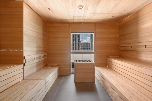 601 NE 1st Ave Unit 2703, Miami, FL 33132 - relaxing sauna featuring wooden ceiling, wooden walls, and tile patterned flooring