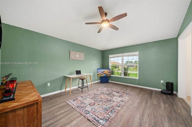 4728 Adrienne St, Sebring, FL 33872 - home office featuring lofted ceiling, a ceiling fan, and wood finished floors