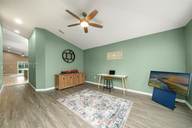4728 Adrienne St, Sebring, FL 33872 - office with a ceiling fan, vaulted ceiling, wood finished floors, and recessed lighting