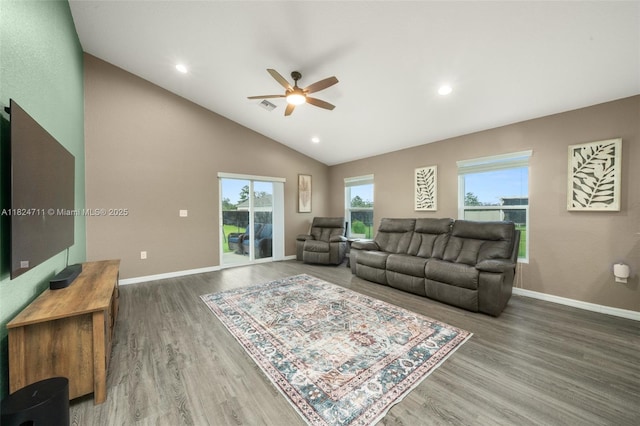4728 Adrienne St, Sebring, FL 33872 - living area with a ceiling fan, wood finished floors, lofted ceiling, and recessed lighting