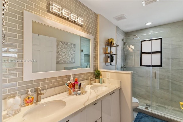 1273 SW 161st Ave, Pembroke Pines, FL 33027 - full bath featuring a stall shower, double vanity, backsplash, and recessed lighting