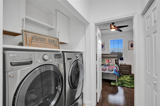 11854 SW 27th St, Miramar, FL 33025 - laundry room featuring cabinet space, separate washer and dryer, a ceiling fan, and hardwood / wood-style flooring