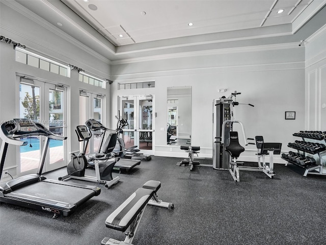 11854 SW 27th St, Miramar, FL 33025 - workout area with french doors, ornamental molding, a towering ceiling, and recessed lighting
