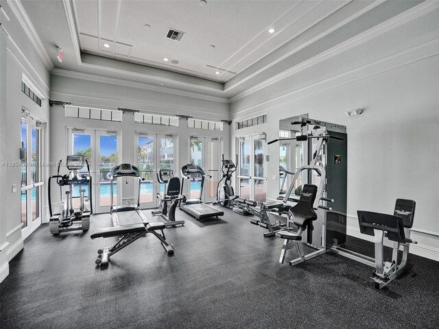 11854 SW 27th St, Miramar, FL 33025 - exercise room with french doors, ornamental molding, and a high ceiling