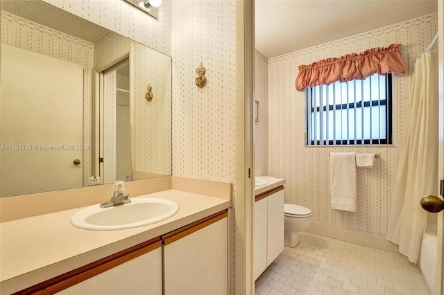 3128 Peachtree Cir, Davie, FL 33328 - full bathroom with wallpapered walls, vanity, and tile patterned floors