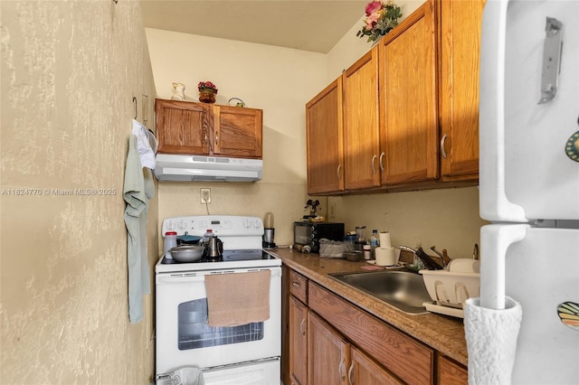 31 SW 58th Ct, Miami, FL 33144 - kitchen with white appliances, under cabinet range hood, and brown cabinets