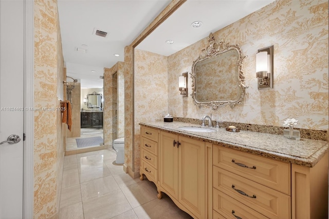 2800 Island Blvd Unit 1505, Aventura, FL 33160 - bathroom with vanity, wallpapered walls, a stall shower, tile patterned flooring, and recessed lighting