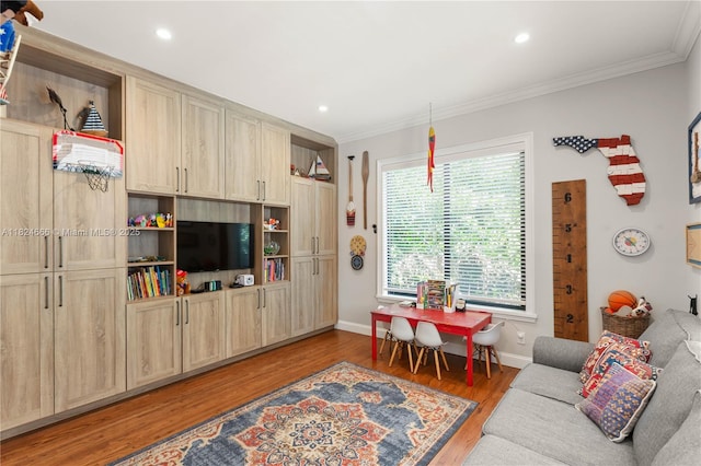 1460 Mantua Ave, Coral Gables, FL 33146 - living room featuring crown molding, wood finished floors, and recessed lighting