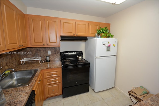 6500 Cypress Rd Unit 410, Plantation, FL 33317 - kitchen featuring black appliances, under cabinet range hood, light tile patterned floors, and decorative backsplash