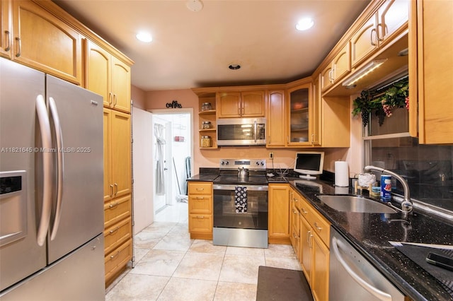 6701 NW 6th St, Margate, FL 33063 - kitchen featuring stainless steel appliances, open shelves, glass insert cabinets, recessed lighting, and dark stone countertops