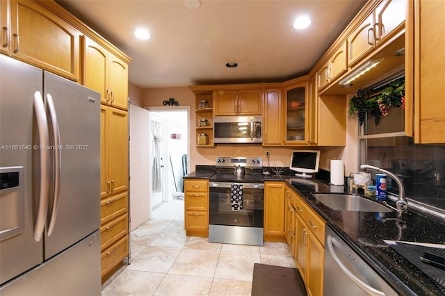 6701 NW 6th St, Margate, FL 33063 - kitchen featuring appliances with stainless steel finishes, open shelves, glass insert cabinets, recessed lighting, and light tile patterned floors