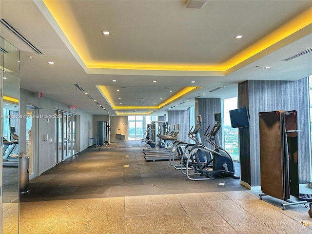 1010 SW 2nd Ave Unit 601, Miami, FL 33130 - exercise room featuring a raised ceiling and recessed lighting