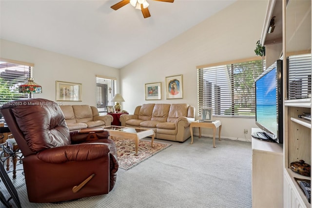 7121 Mimosa Way, Tamarac, FL 33321 - living area with a ceiling fan, carpet flooring, and high vaulted ceiling