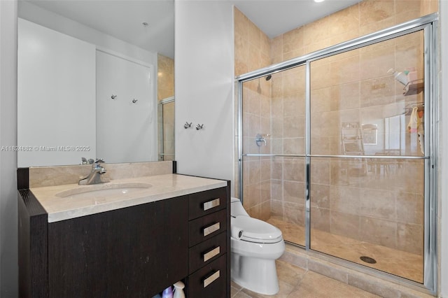 18201 Collins Ave Unit 201A, Sunny Isles Beach, FL 33160 - bathroom featuring vanity, a stall shower, and tile patterned floors