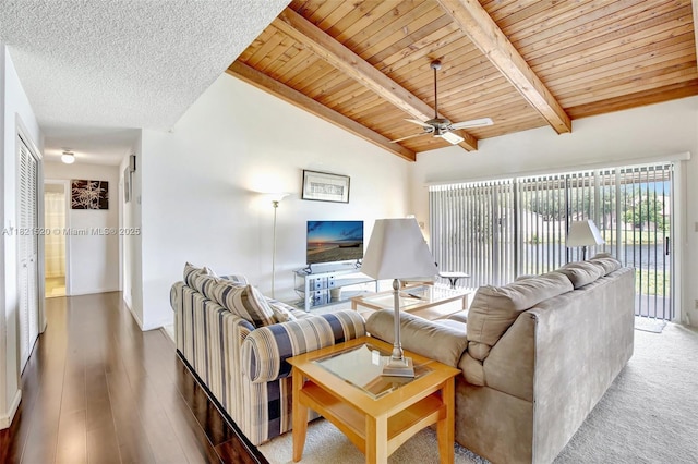 1600 SW 72nd Ave, Plantation, FL 33317 - living room featuring wood ceiling, a ceiling fan, and wood finished floors
