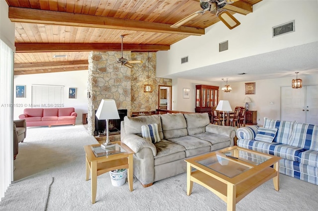 1600 SW 72nd Ave, Plantation, FL 33317 - carpeted living area featuring ceiling fan, a wooden ceiling with exposed beams, a fireplace, high vaulted ceiling, and a chandelier