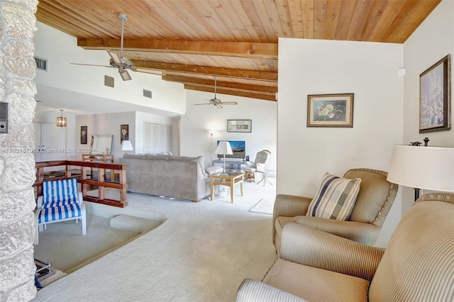 1600 SW 72nd Ave, Plantation, FL 33317 - living area featuring a ceiling fan, wood ceiling, and carpet flooring
