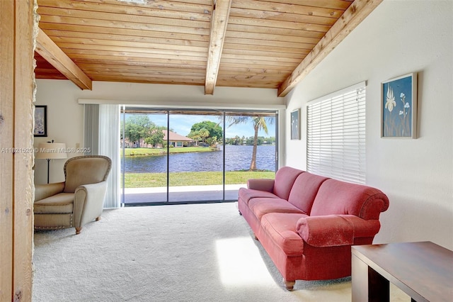 1600 SW 72nd Ave, Plantation, FL 33317 - carpeted living area featuring a wood ceiling with exposed beams and a water view