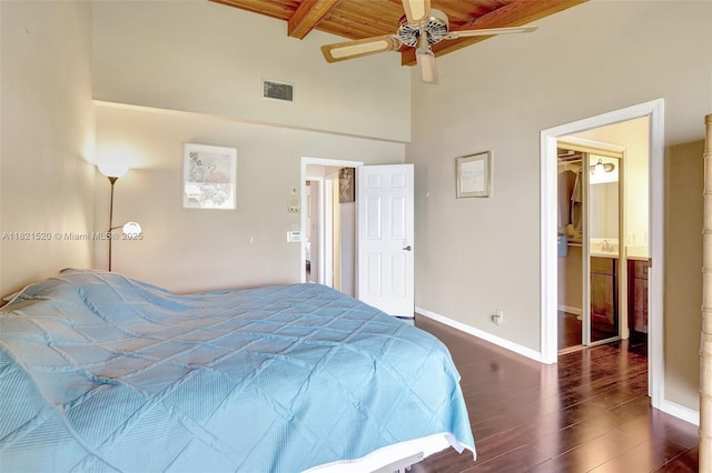 1600 SW 72nd Ave, Plantation, FL 33317 - bedroom featuring a wood ceiling with exposed beams, dark wood-type flooring, high vaulted ceiling, and ceiling fan