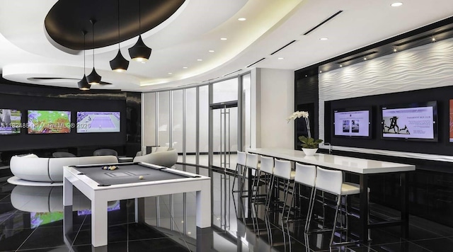 851 NE 1st Ave Unit 503, Miami, FL 33132 - tiled home theater featuring billiards table, recessed lighting, and a tray ceiling