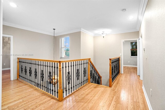3610 SW 167th Ter, Miramar, FL 33027 - hall with wood finished floors, an upstairs landing, and ornamental molding